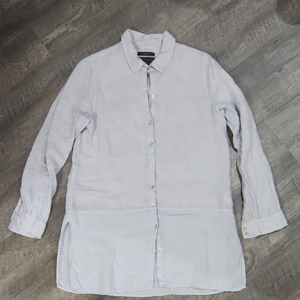 Tahari Women's 100% Linen Casual Light periwinkle Blue  Button Down Shirt